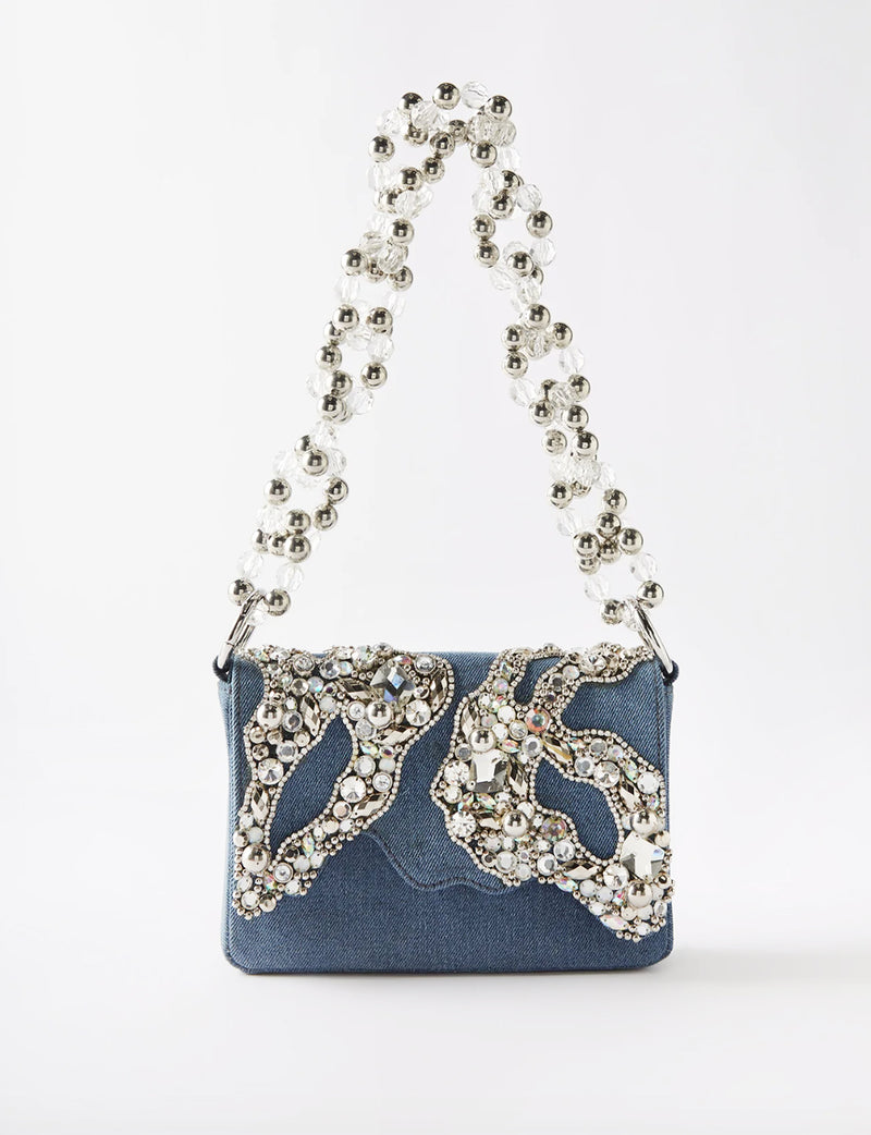 Up-cycled denim bead-embellished shoulder bag