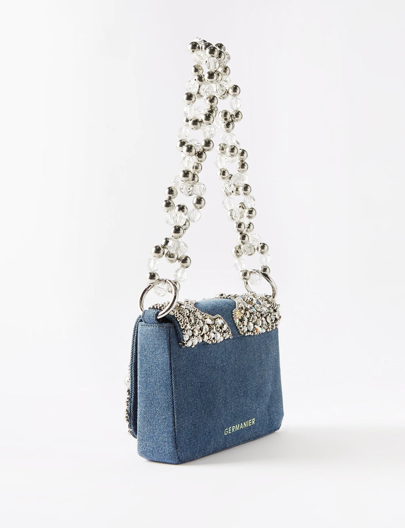 Up-cycled denim bead-embellished shoulder bag