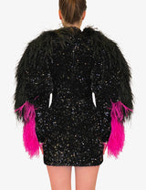 Up-cycled exaggerated sleeves dress with feathers detail
